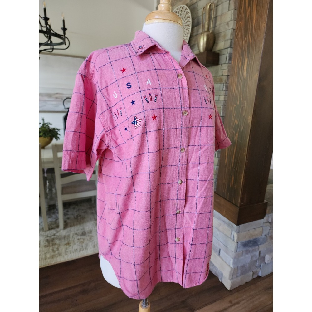 Quizz Again Vintage 90s Plaid USA Embroidered Patriotic‎ Button Up Shirt M